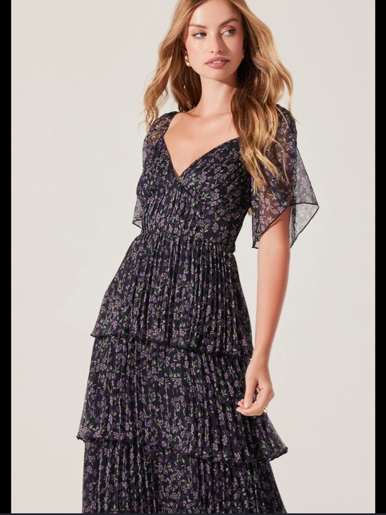 Astr Dresses & Skirts - Astr Tiered Black Maxi Dress with Purple Floral Print